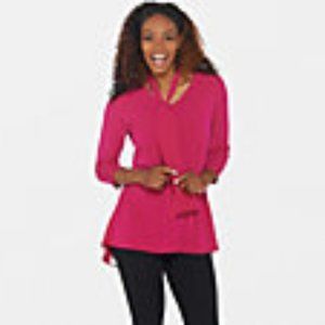 Susan Graver Liquid Knit Peplum Back Top with Chiffon Overlay /Vivid Magenta XL